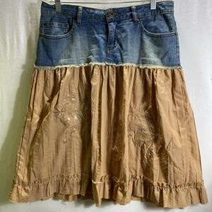 Y2K YMI Skirt Frayed Jean Denim Embroidered Junior 5 Boho Floral Fabric Ruffle